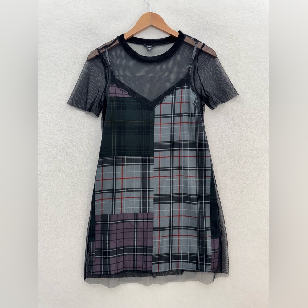 Guess Women’s XS Plaid Mesh T-Shirt Dress NWOT